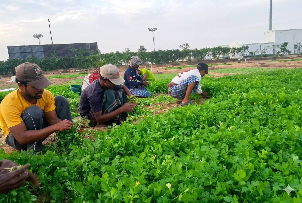 Fresh green coriander leaves (kusbara/hara dhaniya) growing in open soil fields at Nazwa Farm, Sharjah, UAE.